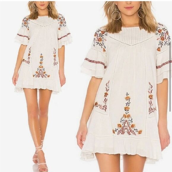 Free People PAVLO White Flutter Orange Floral Embroidered Boho Chic Mini Dress - Picture 5 of 16